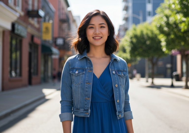 Kobieta w niebieskiej stylizacji