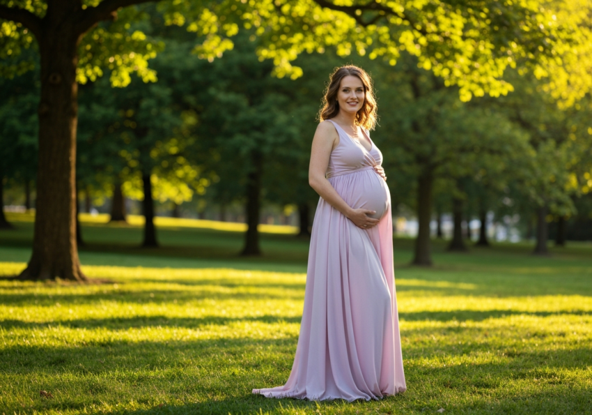 Kobieta w ciąży pozuje w letniej sukience w parku