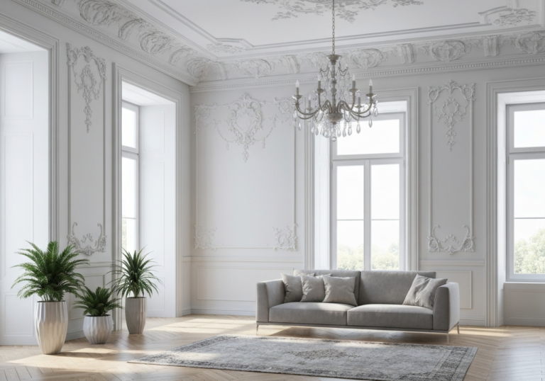 Salon z sufitem ze sztukaterią